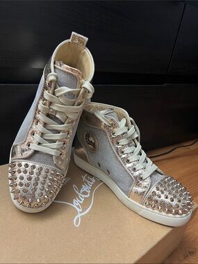 Christian Louboutin Women Gold Printed Lame Lou Spike High-Top Sneakers